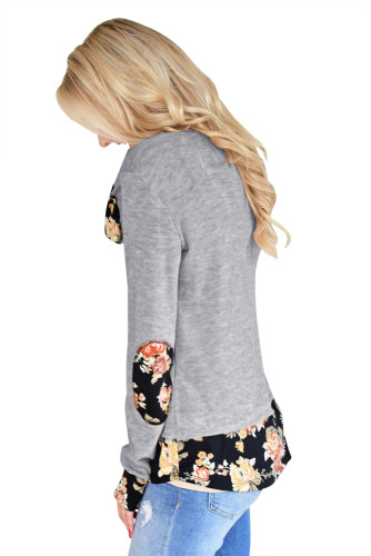 Dark Floral Patchwork Grey Long Sleeve Shirt