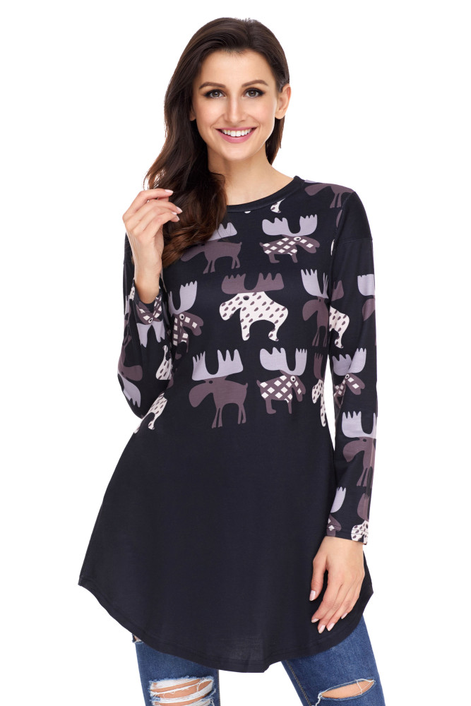 Taro Cartoon Reindeer Print Black Christmas Blouse