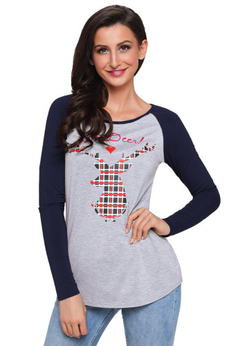 Oh Deer Plaid Christmas Reindeer Navy Sleeve Blouse
