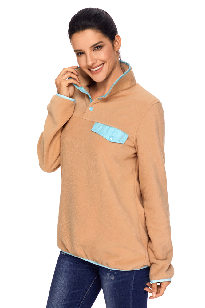 Khaki Stand Collar Buttons Fleece Pullover Top