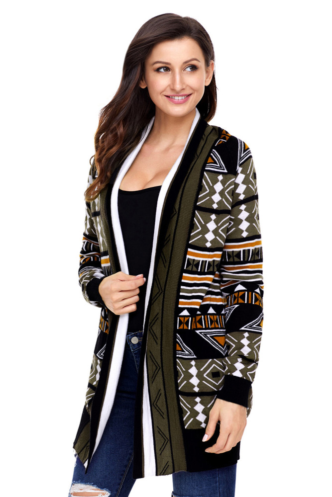 Army Green Aztec Print Cardigan