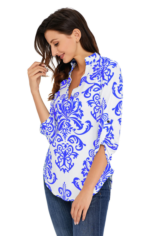 Royal Blue Damask Print Slight Collar V Neck Blouse