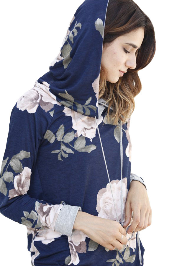 Navy Cream Floral Drawstring Hoodie