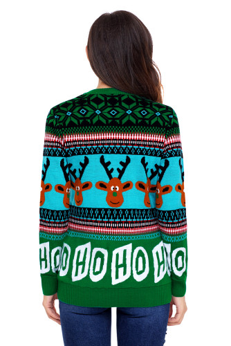 Cartoon Reindeer HO HO HO Green Christmas Sweater