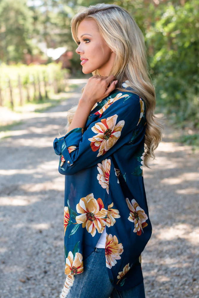Slate Blue Floral Print High Low Chiffon Blouse