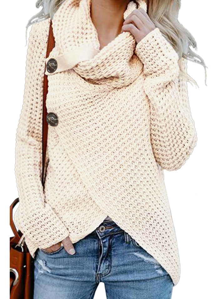 White Buttoned Wrap Cowl Neck Sweater
