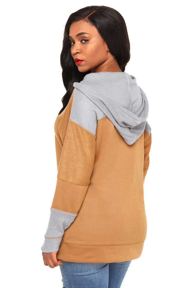 Waffle Knit Splice Khaki Pocket Hoodie