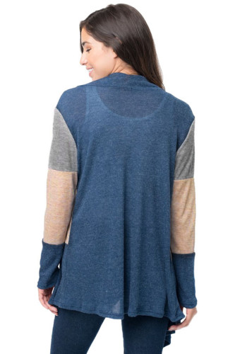 Blue Shawl Neck Colorblock Long Sleeve Cardigan