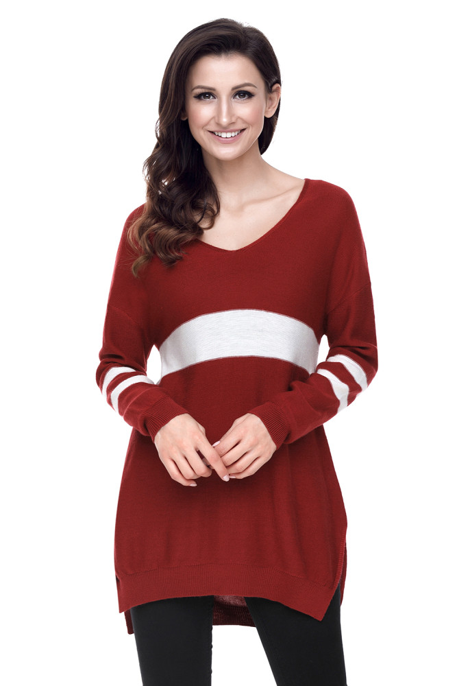 White Strip Red V Neck Sweater