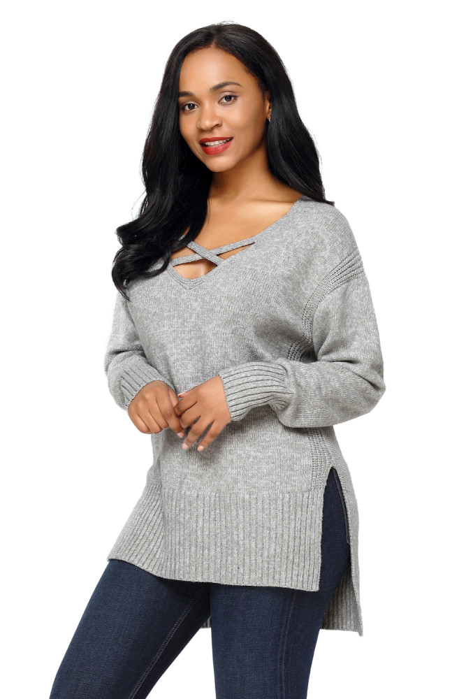 Gray Deep V Neck Crisscross Knit Sweater