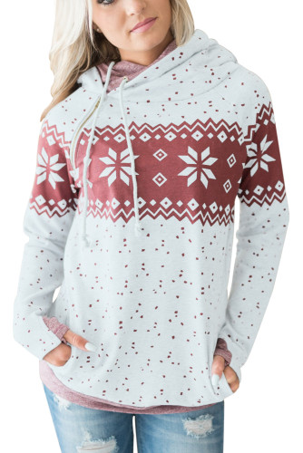 White Double Hood Snowfall Print Sweatshirt