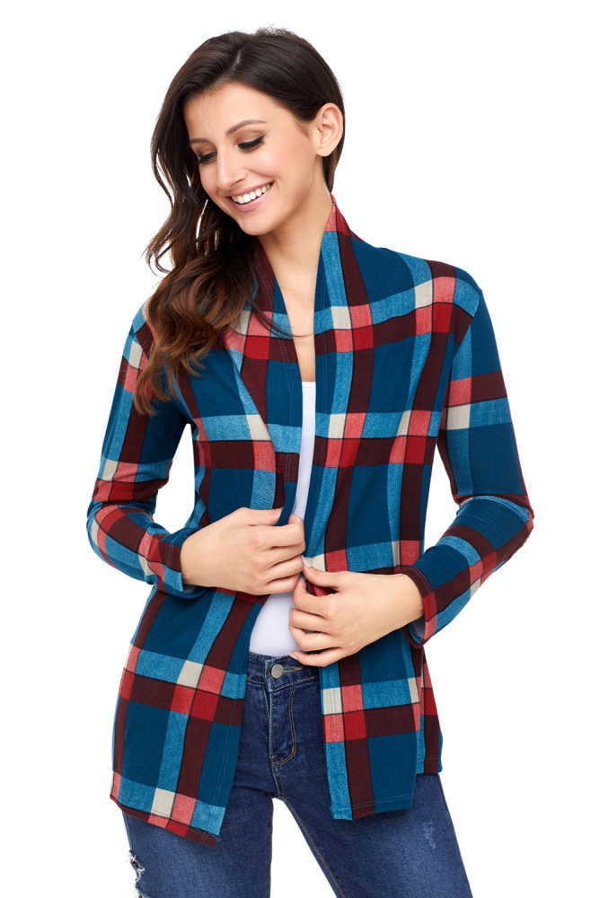 Green Suede Elbow Patch Long Sleeve Plaid Cardigan