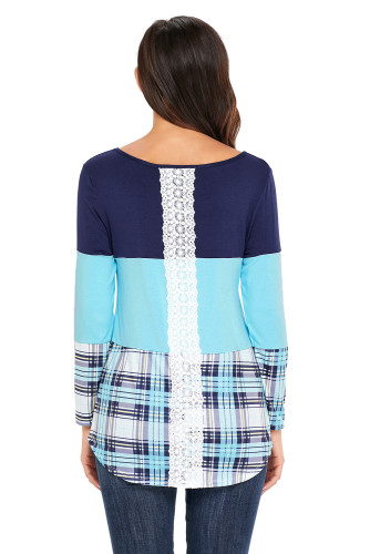 Black Mint Block Plaid Splice Long Sleeve Top