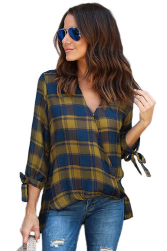 Mustard Blue Plaid Drape Top