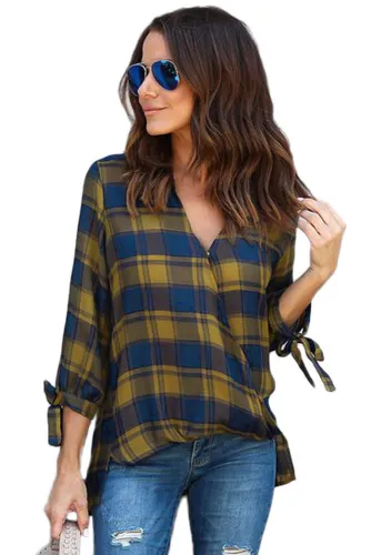 Mustard Blue Plaid Drape Top