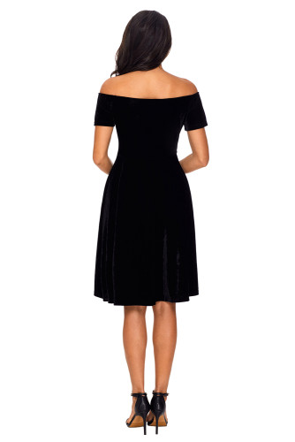Black Velvet Off Shoulder Pleated Skater Dress