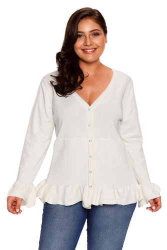 White Ruffle Hem V Neck Plus Size Cardigan