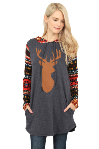 Red Christmas Suede Deer Patch Aztec Sleeve Pocket Hoodie