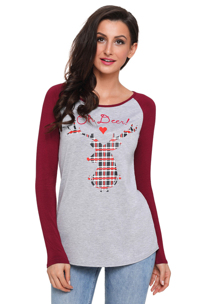 Oh Deer Plaid Christmas Reindeer Red Sleeve Blouse