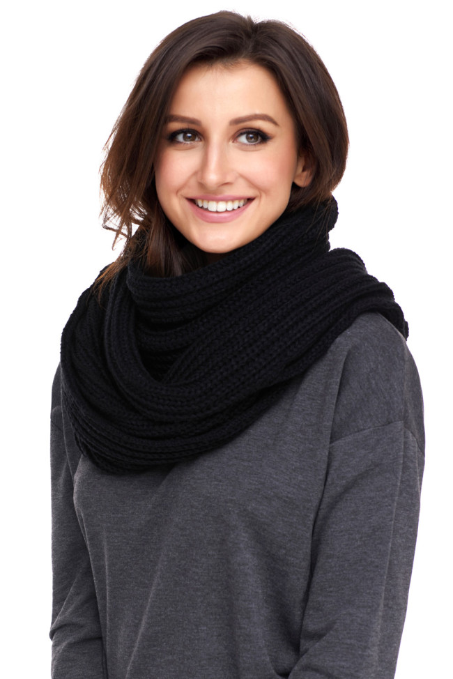 Black Pom Pom Ribbed Knit Scarf