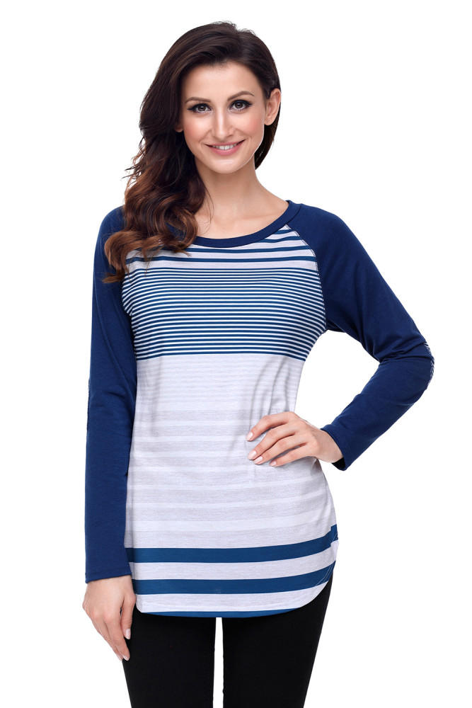 Navy Striped Patch Elbow Raglan Blouse
