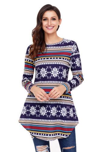 Navy Geometric Stripes Christmas Snowflake Blouse