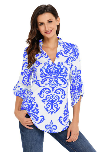 Royal Blue Damask Print Slight Collar V Neck Blouse