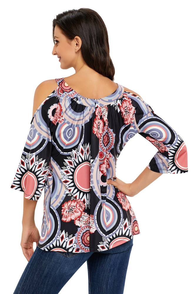 Dark Boho Print Half Sleeve Cold Shoulder Blouse