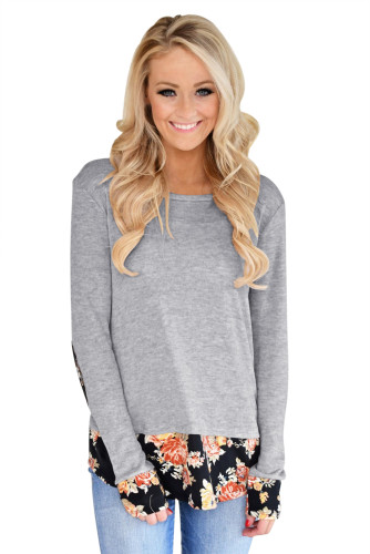 Dark Floral Patchwork Grey Long Sleeve Shirt