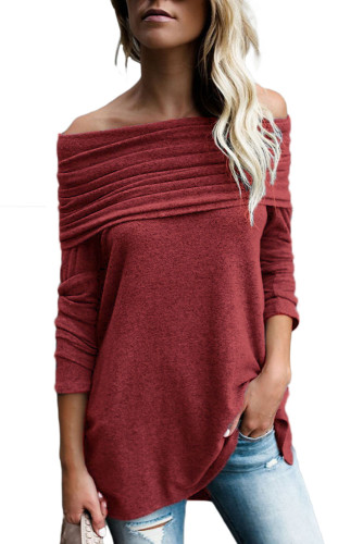Burgundy Ruched Off Shoulder Long Sleeve Top