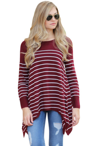 Wine Striped Knit Pullover Sweater Top