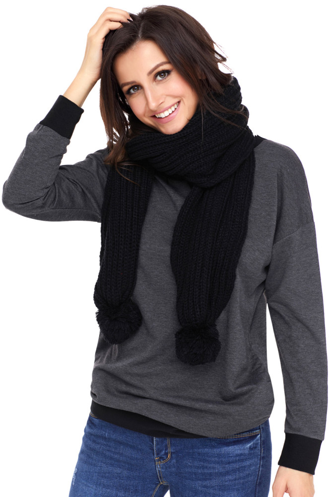 Black Pom Pom Ribbed Knit Scarf