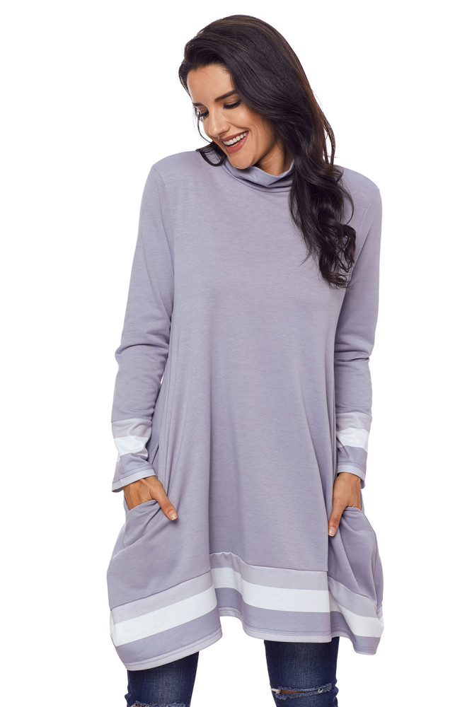 Stylish Varsity Striped Grey Long Sleeve Tunic Top