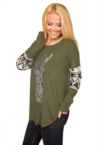 Olive Green Loose Sequin Christmas Reindeer Top