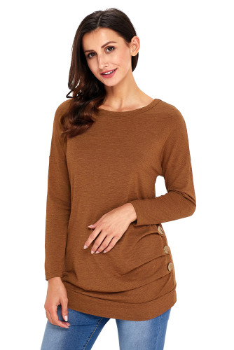Maroon Buttoned Side Long Sleeve Spring Autumn Womens Top