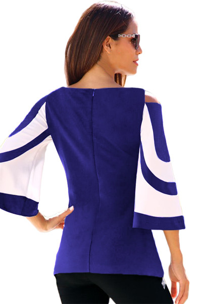Blue White Colorblock Bell Sleeve Cold Shoulder Top