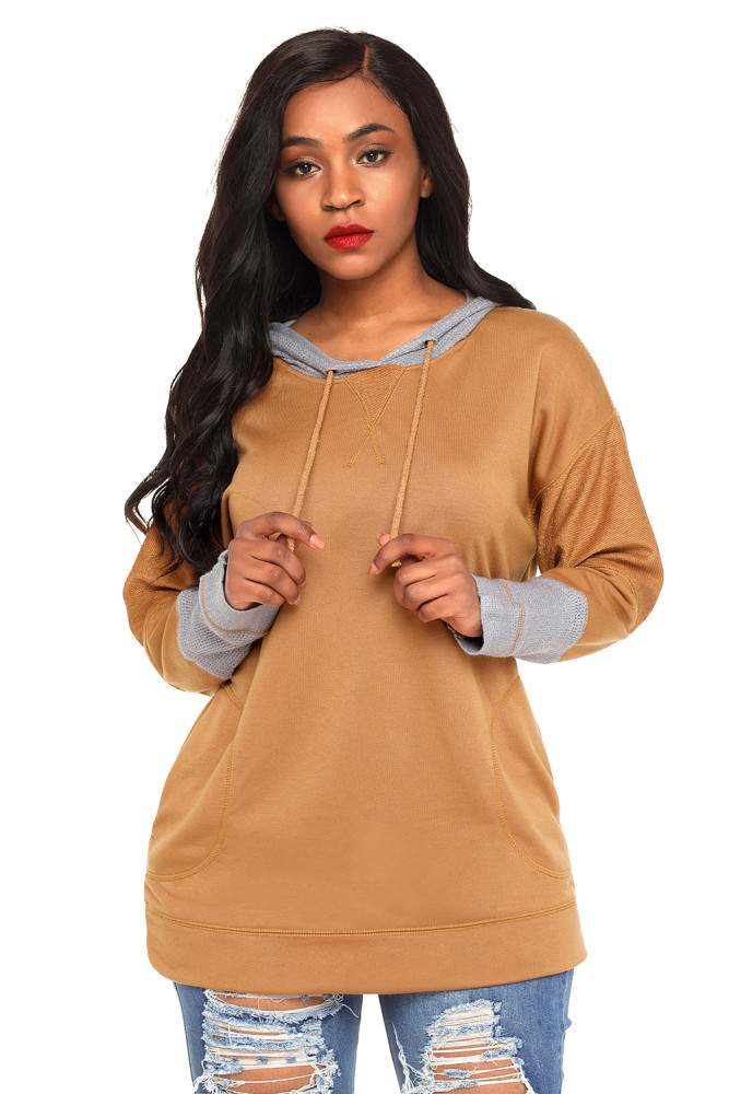 Waffle Knit Splice Khaki Pocket Hoodie