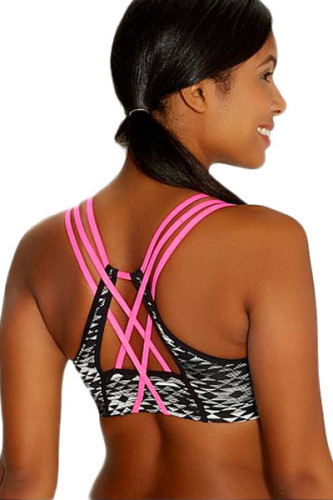 Black Ethnic Print Sport Bra with Neon Straps