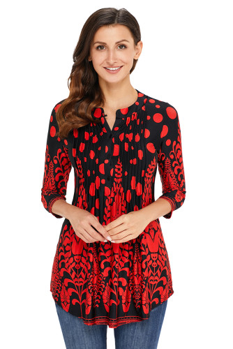 Red Floral Notch Neck Pin-tuck Tunic
