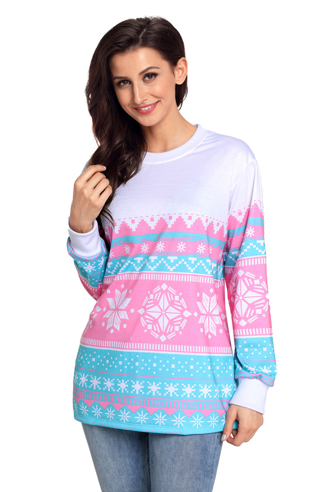 Pink Snowflake Print Stylish Christmas Jumper