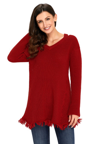 Red V Neck Waffle Knit Sweater