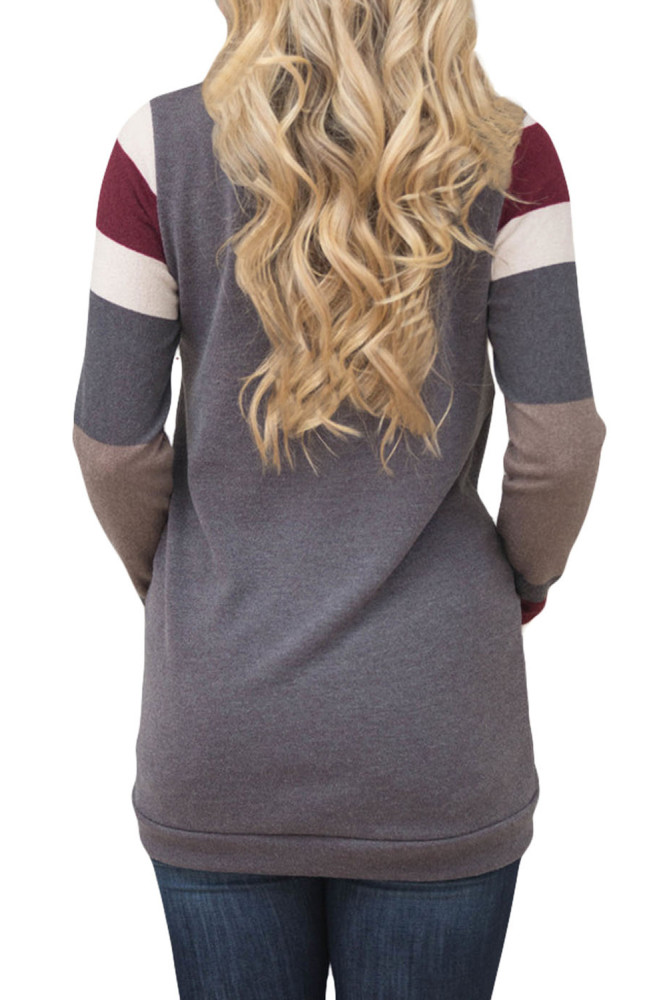 Multicolor Stripes Sleeve Pullover Light Gray Sweatshirt