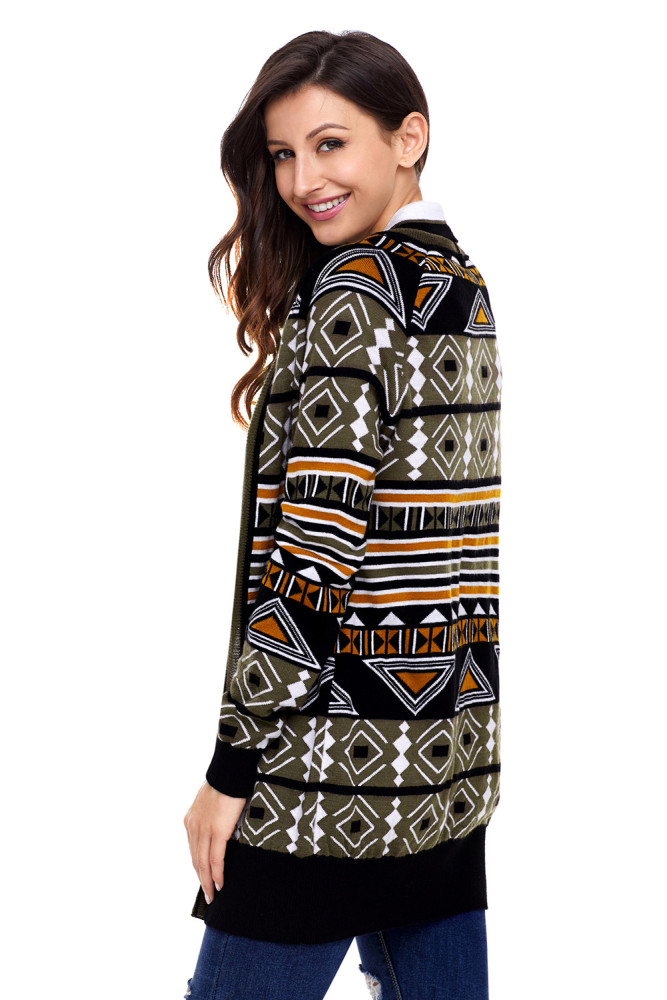 Army Green Aztec Print Cardigan