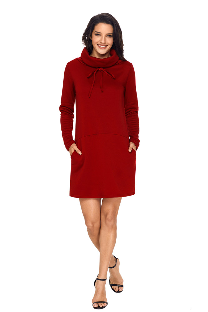 Burgundy Drawstring Cowl Neck Sweatshirt Dress