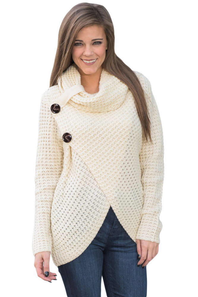 White Buttoned Wrap Cowl Neck Sweater