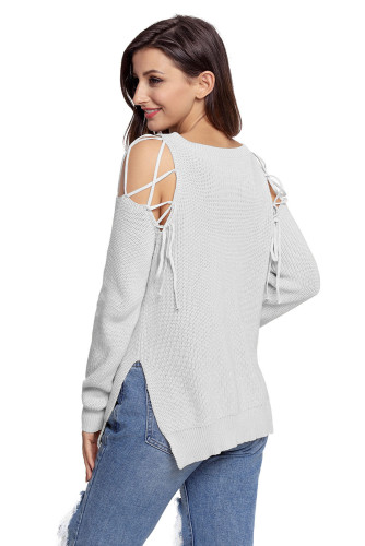 Gray Lace up Shoulder Sweater