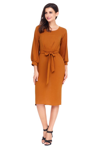 Mustard Puff Sleeve Belt Chiffon Pencil Dress