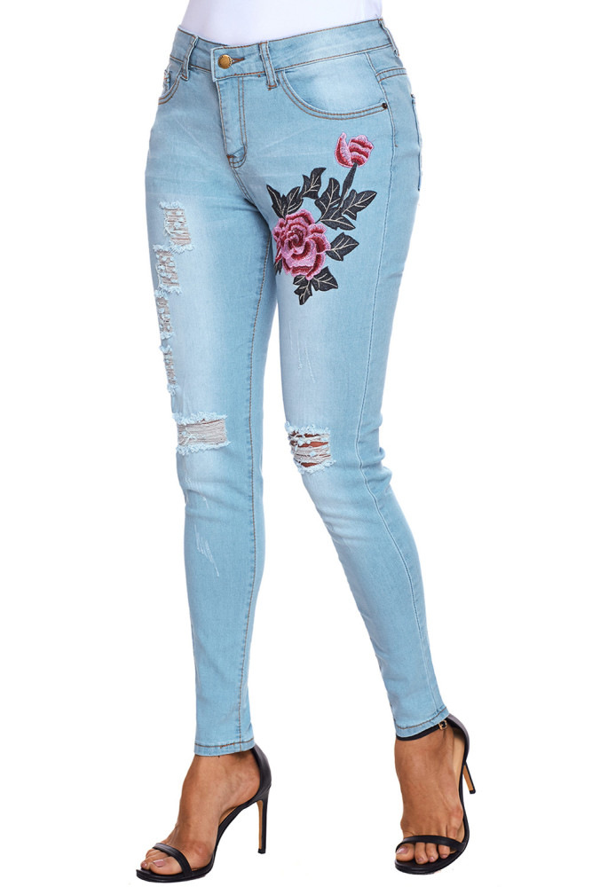 Rose Embroidery Distressed Light Blue Skinny Jeans