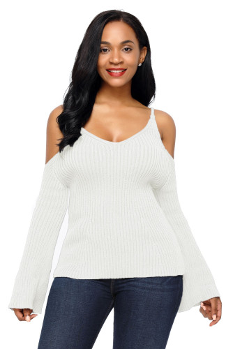White Cold Shoulder Bell Sleeve Sweater
