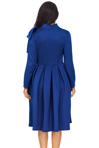 Royal Blue Bowknot Embellished Mock Neck Pocket Dress